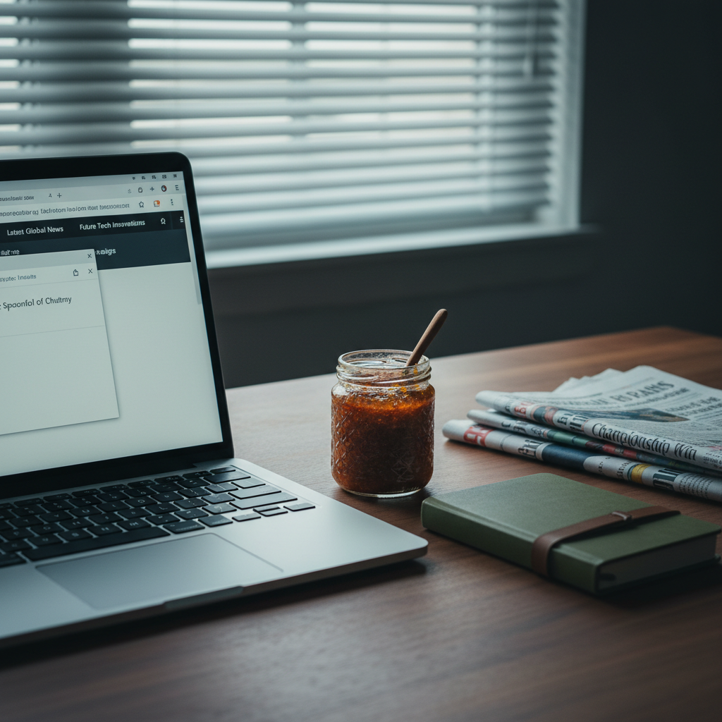 An open laptop with a dimly glowing screen displays overlapping browser tabs about news, technology, sports scores, and a blank blog draft titled “Spoonful of Chutney,” set on a clean walnut desk. Beside it rests a small, colorful glass jar of chutney with a tiny tasting spoon, a closed hardcover journal, and a neatly stacked pile of newspapers with bold headlines partially visible. Cool overcast daylight filters through blinds in the background, creating soft, diffused lighting and subtle horizontal shadows across the desk surface. The composition follows the rule of thirds from an eye-level angle, with the laptop and jar forming the focal point. The atmosphere is thoughtful, slightly cluttered yet organized, suggesting a curious mind processing the world, rendered in realistic, modern, blog-friendly style.